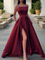 A Line Spaghetti Straps Floor Length Satin Prom Dresses With Leg Slit