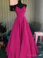 A-Line/Princess Spaghetti Straps Floor-Length Satin Prom Dresses With Ruffles