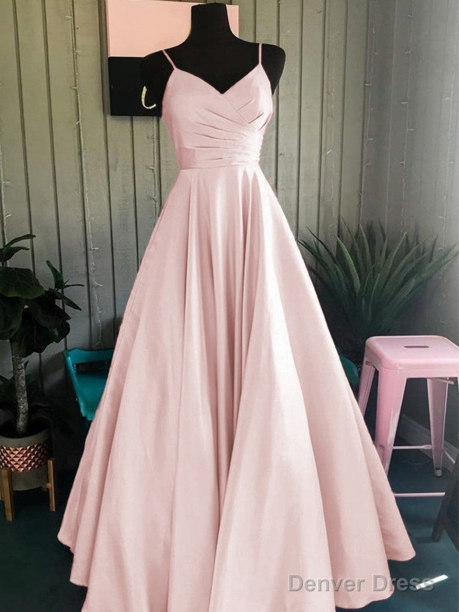 A Line Spaghetti Straps Floor Length Satin Prom Dresses With Ruffles