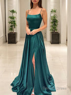A Line Spaghetti Straps Floor Length Silk like Satin Prom Dresses With Leg Slit
