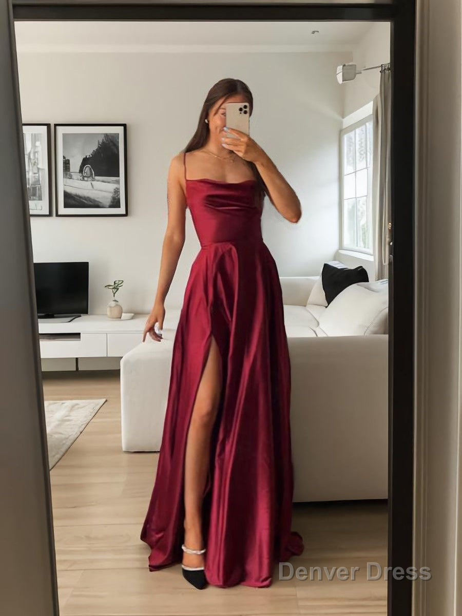 A-Line/Princess Spaghetti Straps Floor-Length Silk like Satin Prom Dresses With Leg Slit Main image