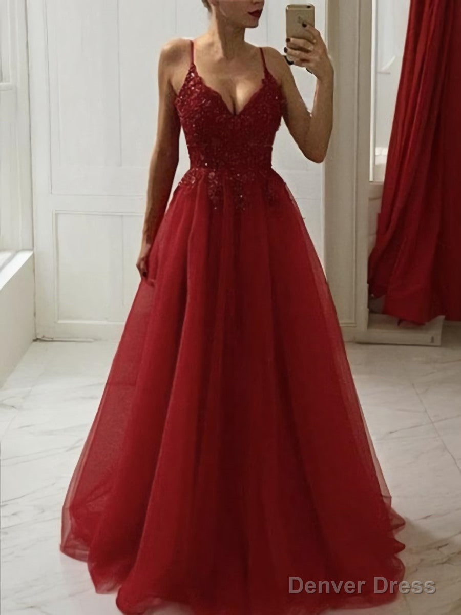 A Line Spaghetti Straps Floor Length Tulle Prom Dresses With Appliques Lace Main image