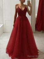 A Line Spaghetti Straps Floor Length Tulle Prom Dresses With Appliques Lace