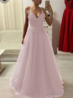 A-Line/Princess Spaghetti Straps Floor-Length Tulle Prom Dresses With Appliques Lace