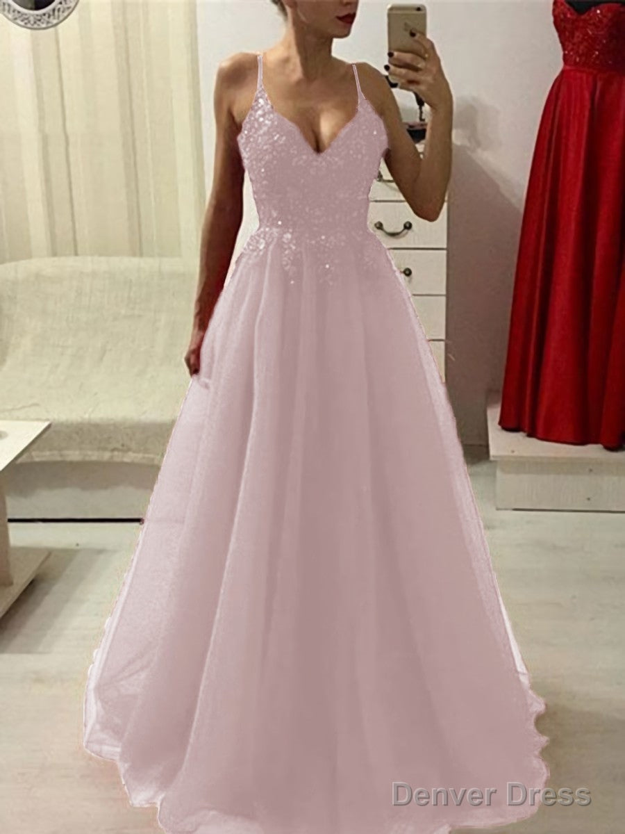 A Line Spaghetti Straps Floor Length Tulle Prom Dresses With Appliques Lace
