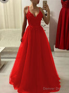 A Line Spaghetti Straps Floor Length Tulle Prom Dresses With Appliques Lace