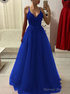 A Line Spaghetti Straps Floor Length Tulle Prom Dresses With Appliques Lace