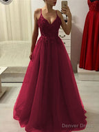 A Line Spaghetti Straps Floor Length Tulle Prom Dresses With Appliques Lace