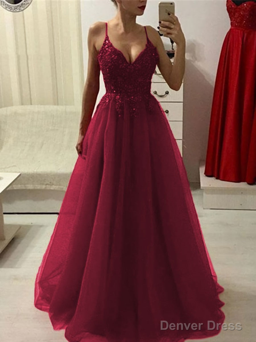 A Line Spaghetti Straps Floor Length Tulle Prom Dresses With Appliques Lace