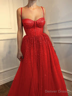 A Line Spaghetti Straps Floor Length Tulle Prom Dresses With Beading