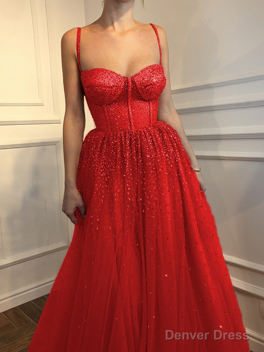 A Line Spaghetti Straps Floor Length Tulle Prom Dresses With Beading