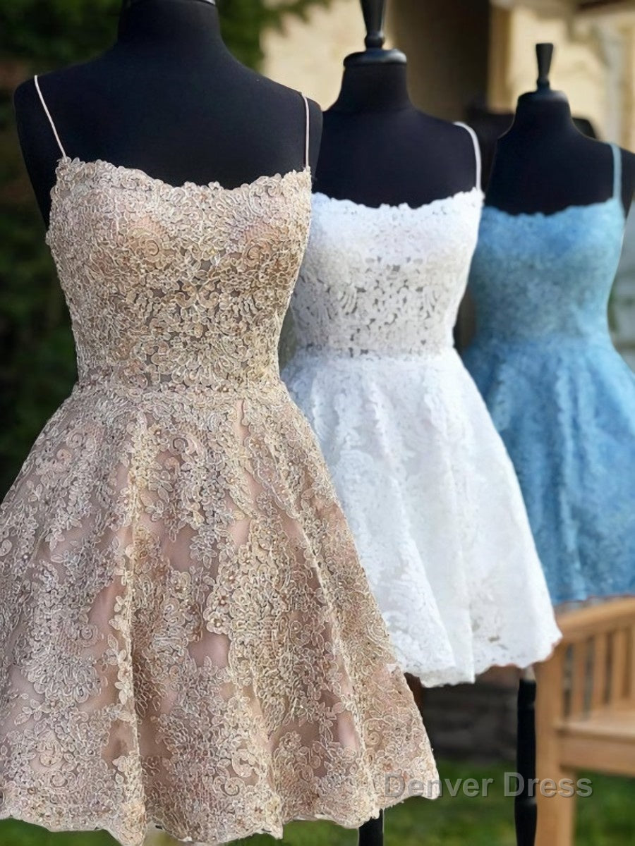 A Line Spaghetti Straps Short Mini Lace Homecoming Dresses With Appliques Lace
