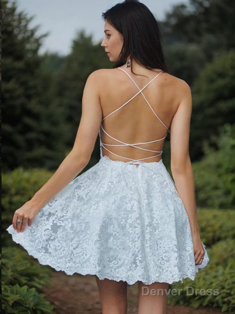 A Line Spaghetti Straps Short Mini Lace Homecoming Dresses With Appliques Lace