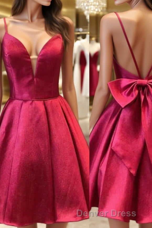 A-Line/Princess Spaghetti Straps Short/Mini Satin Homecoming Dresses With Bow Main image