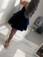 A Line Spaghetti Straps Short Mini Tulle Homecoming Dresses With Ruffles