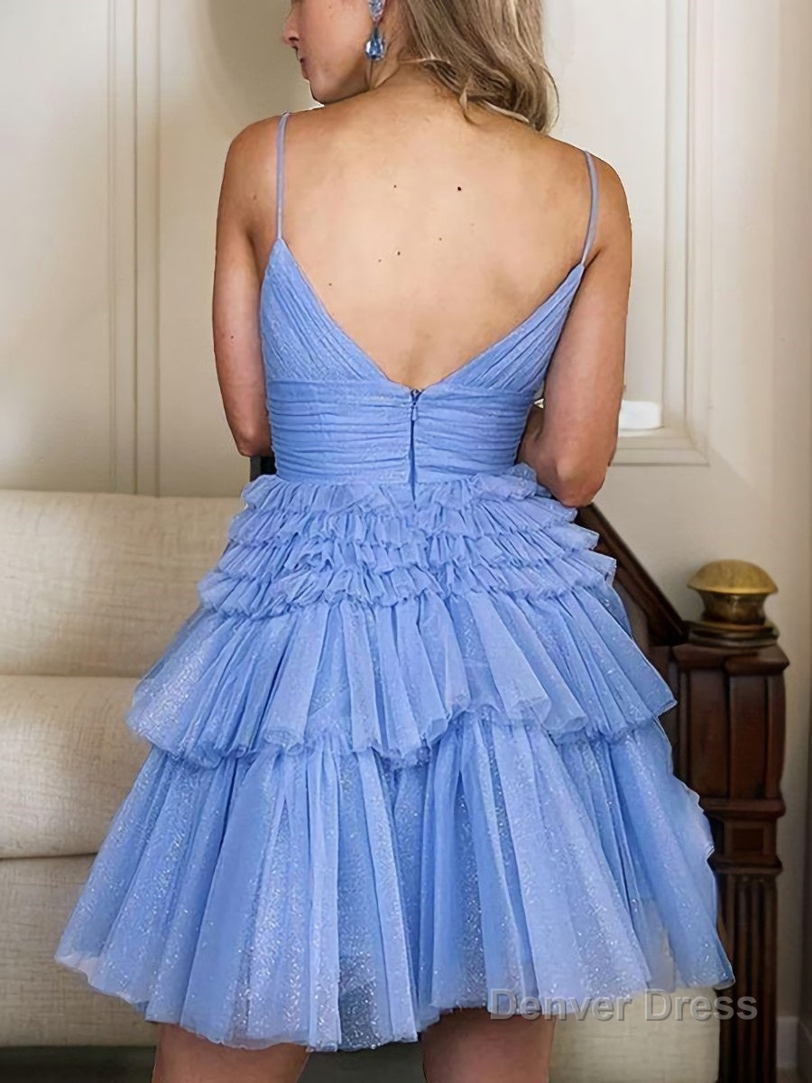 A Line Spaghetti Straps Short Mini Tulle Homecoming Dresses With Ruffles