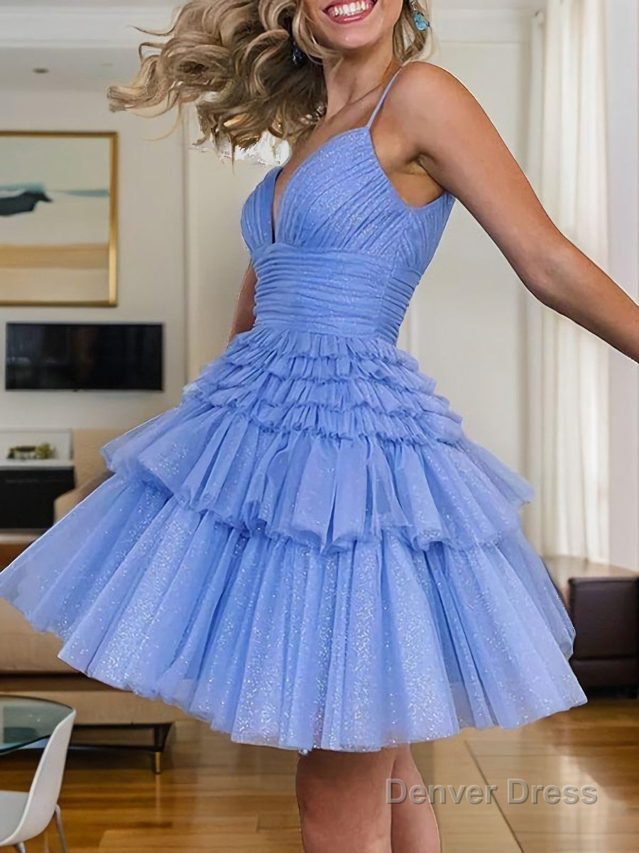 A Line Spaghetti Straps Short Mini Tulle Homecoming Dresses With Ruffles