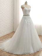 A Line Spaghetti Straps Sleeveless Applique With Belt Tulle Floor Length Wedding Dresses