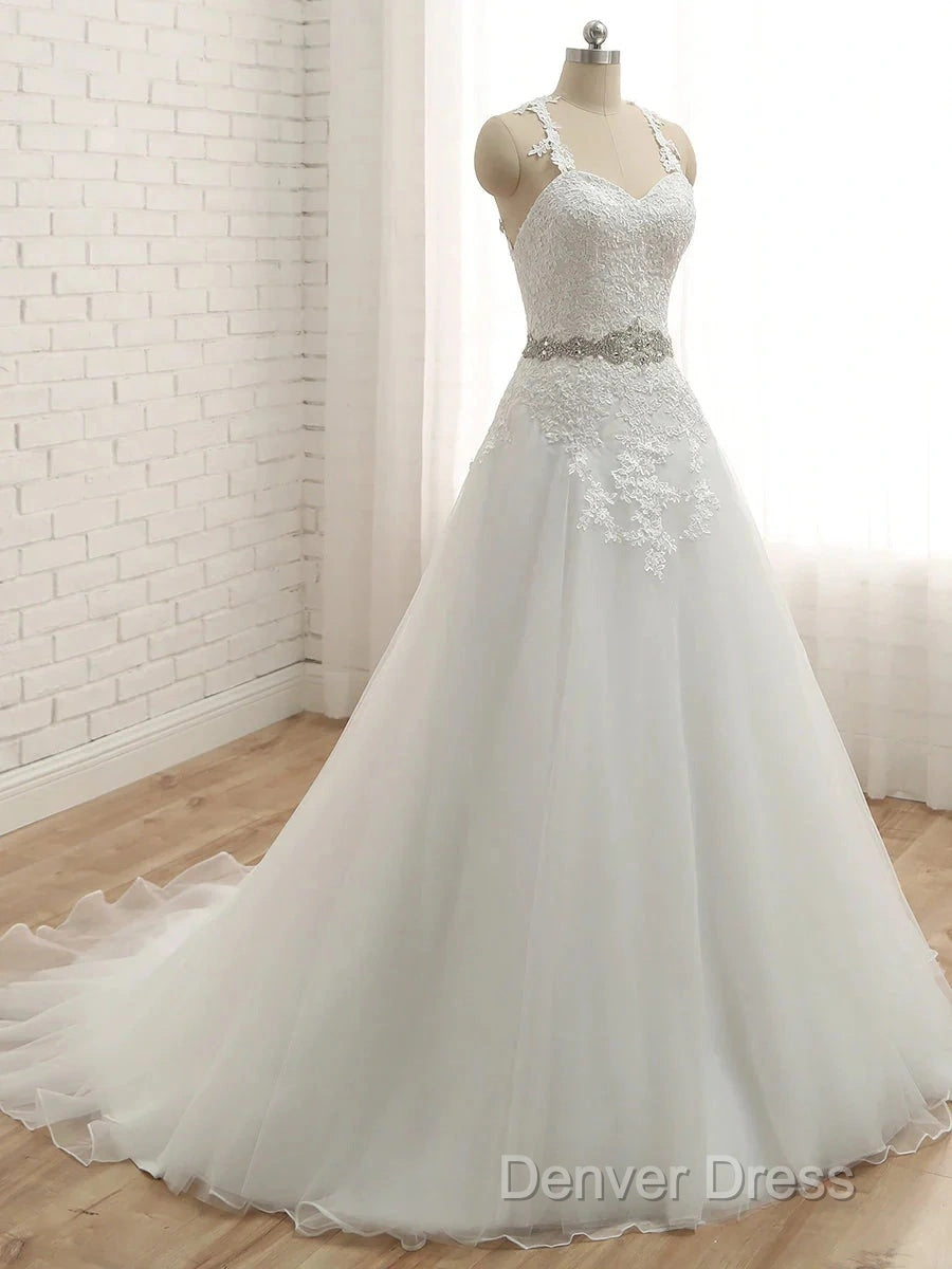 A Line Spaghetti Straps Sleeveless Applique With Belt Tulle Floor Length Wedding Dresses