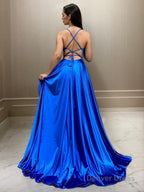 A Line Spaghetti Straps Sweep Train Elastic Woven Satin Prom Dresses With Leg Slit