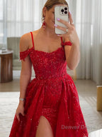A Line Spaghetti Straps Sweep Train Prom Dresses With Leg Slit