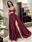 A Line Spaghetti Straps Sweep Train Satin Prom Dresses With Pockets