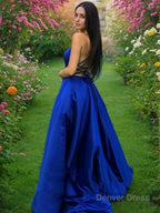 A Line Spaghetti Straps Sweep Train Satin Prom Dresses