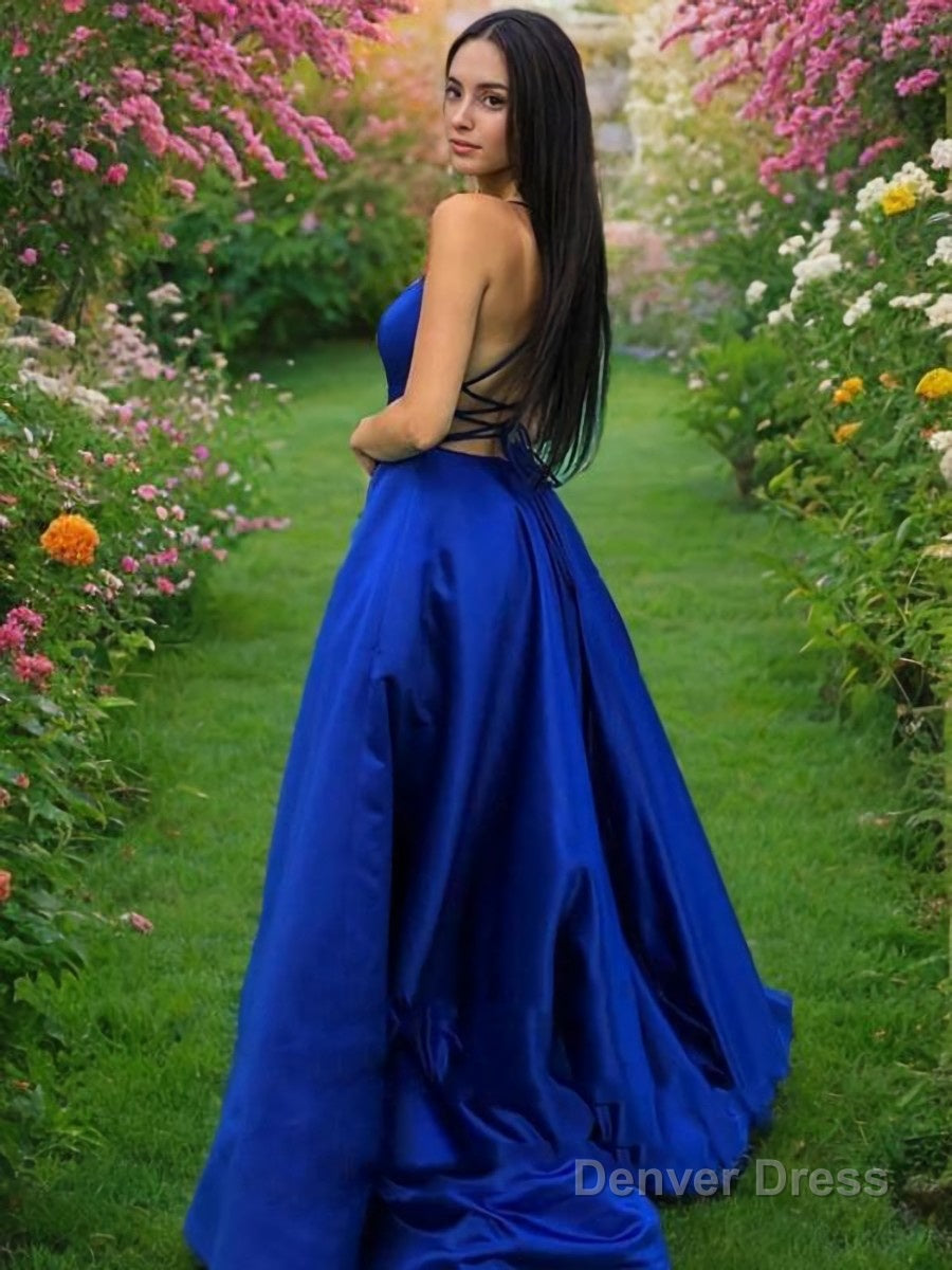 A Line Spaghetti Straps Sweep Train Satin Prom Dresses