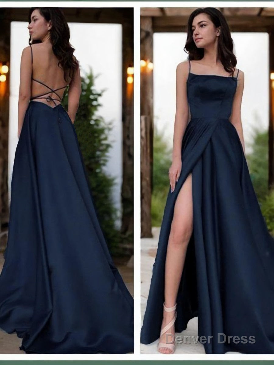 A Line Spaghetti Straps Sweep Train Satin Prom Dresses With Leg Slit Main image