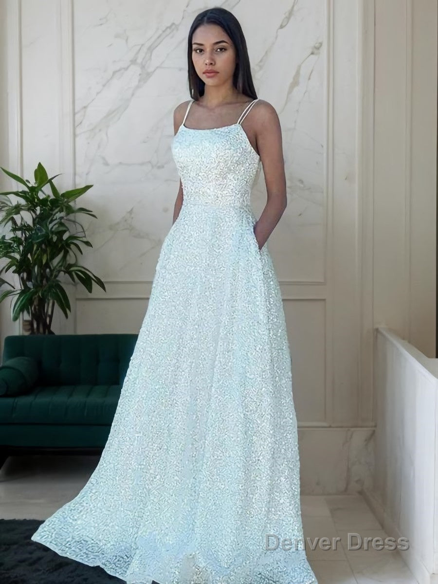 A Line Spaghetti Straps Sweep Train Sequins Prom Dresses With Pockets Main image