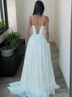 A Line Spaghetti Straps Sweep Train Sequins Prom Dresses With Pockets