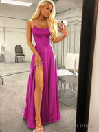 A Line Spaghetti Straps Sweep Train Silk like Satin Prom Dresses With Leg Slit