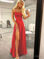 A Line Spaghetti Straps Sweep Train Silk like Satin Prom Dresses With Leg Slit