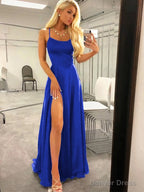 A Line Spaghetti Straps Sweep Train Silk like Satin Prom Dresses With Leg Slit