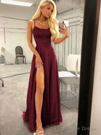 A Line Spaghetti Straps Sweep Train Silk like Satin Prom Dresses With Leg Slit