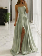 A Line Spaghetti Straps Sweep Train Silk like Satin Prom Dresses With Leg Slit