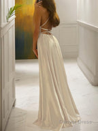 A Line Spaghetti Straps Sweep Train Silk like Satin Prom Dresses With Leg Slit