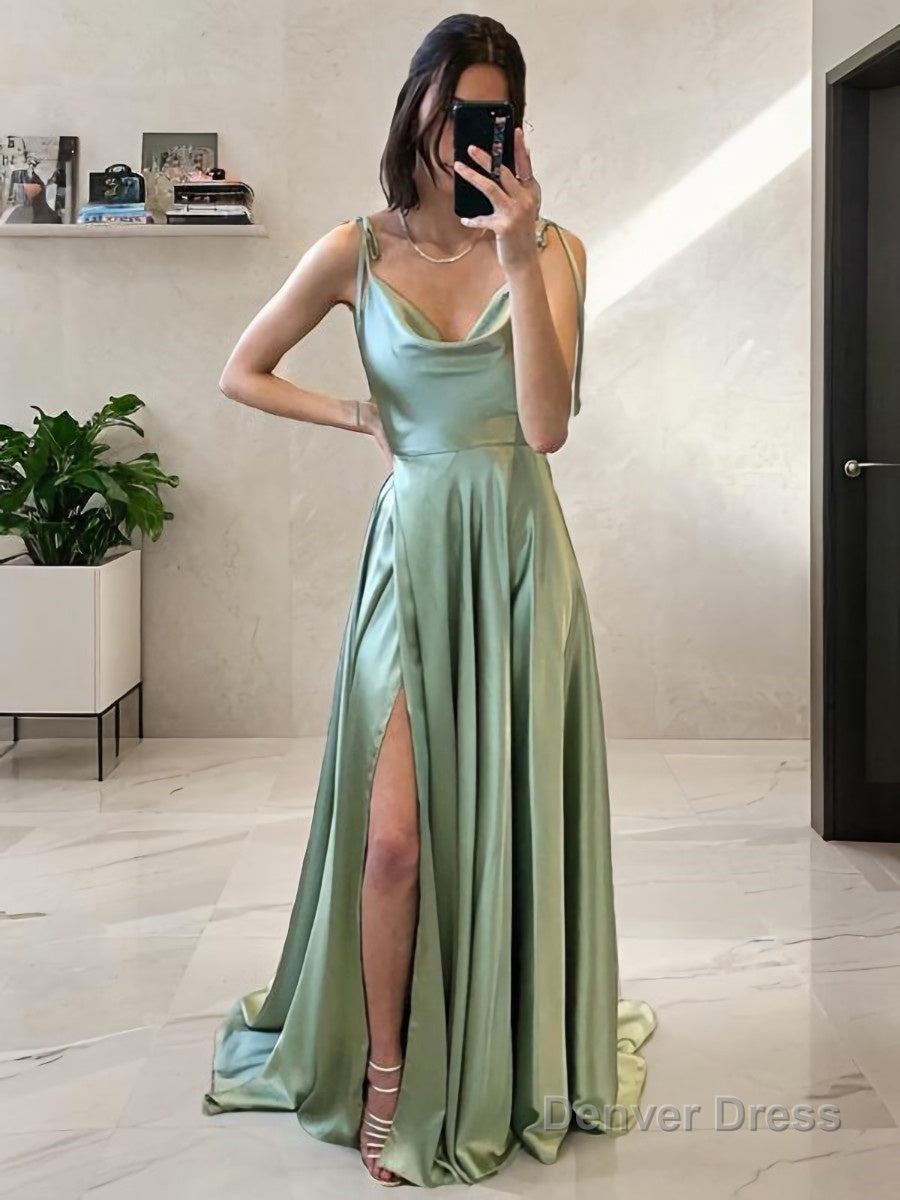 A Line Spaghetti Straps Sweep Train Silk like Satin Prom Dresses With Leg Slit