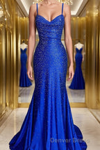 A Line Spaghetti Straps Sweep Train Silk like Satin Prom Dresses With Ruffles