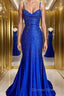 A Line Spaghetti Straps Sweep Train Silk like Satin Prom Dresses With Ruffles