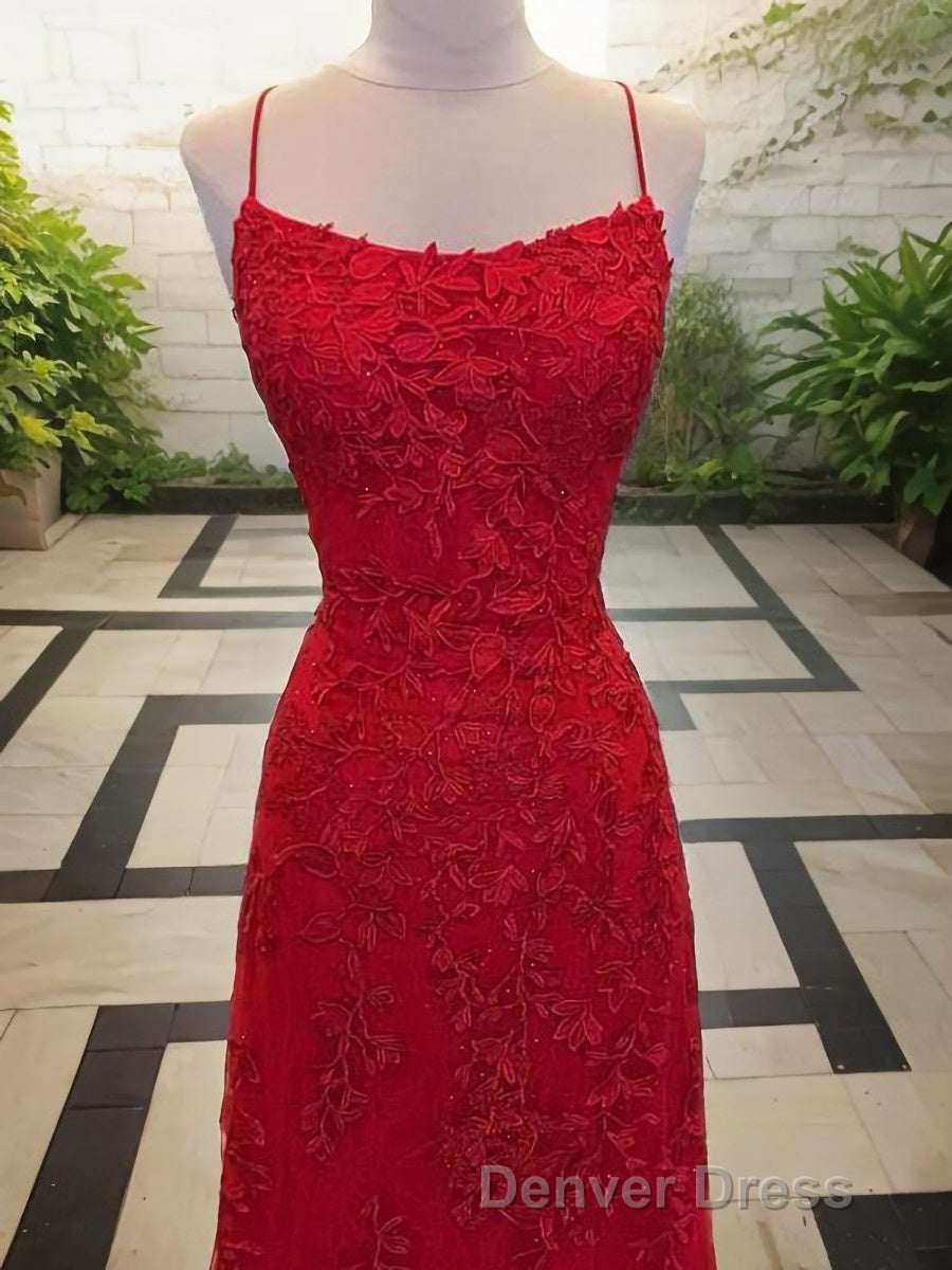 A Line Spaghetti Straps Sweep Train Tulle Prom Dresses With Appliques Lace