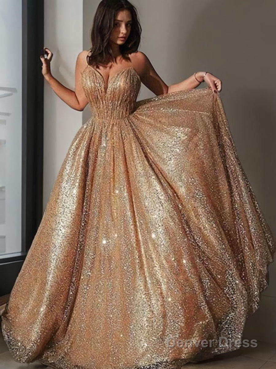 A Line Spaghetti Straps Court Train Tulle Prom Dresses With Sequin Main image