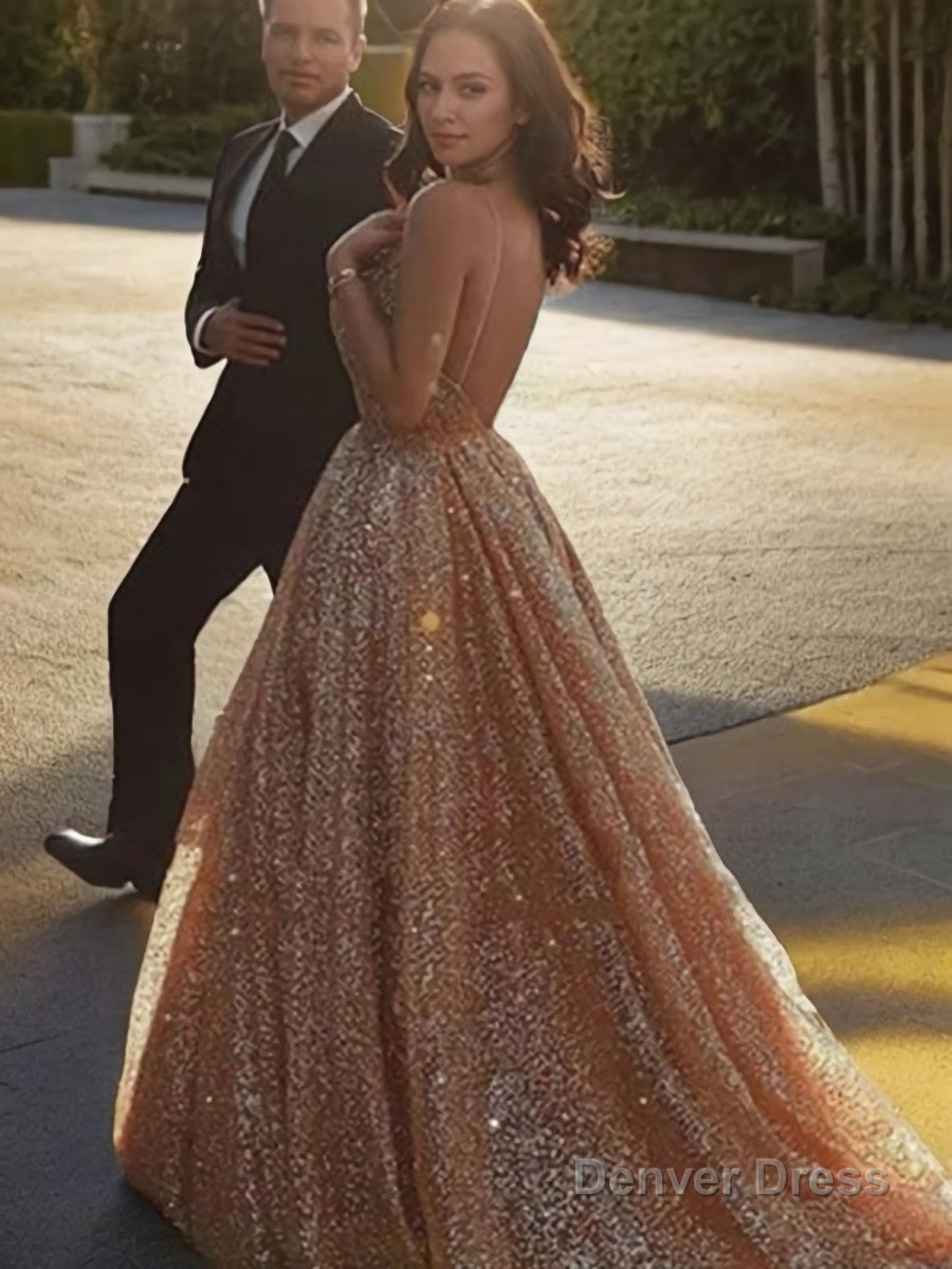 A Line Spaghetti Straps Court Train Tulle Prom Dresses With Sequin Secondary image