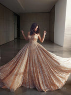 A Line Spaghetti Straps Court Train Tulle Prom Dresses With Sequin