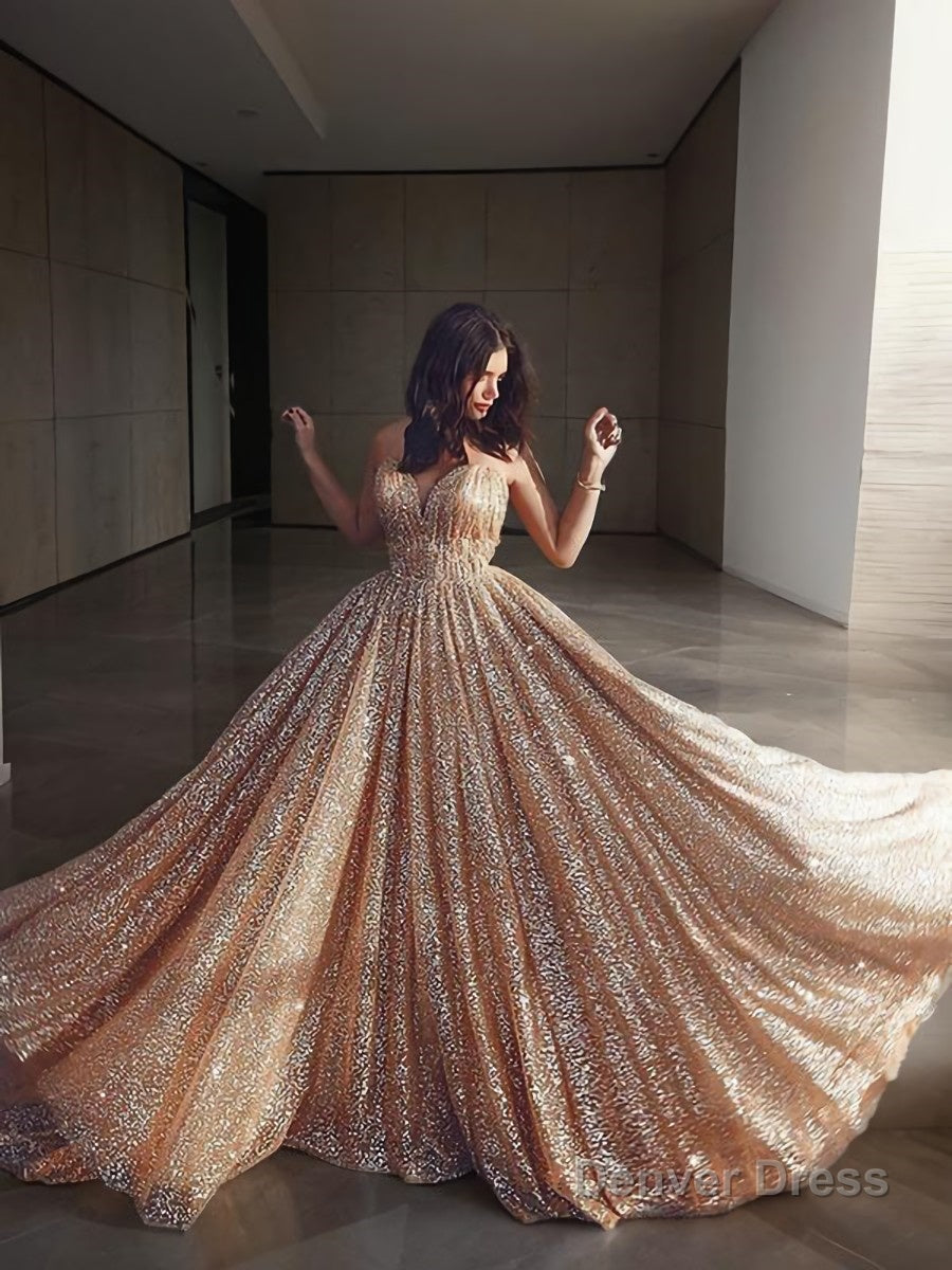 A Line Spaghetti Straps Court Train Tulle Prom Dresses With Sequin