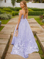 A Line Spaghetti Straps Sweep Train Tulle Prom Dresses With Appliques Lace