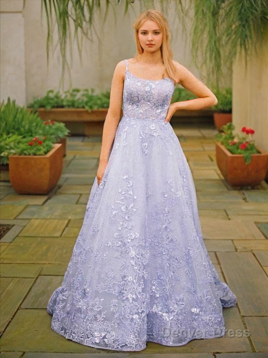 A Line Spaghetti Straps Sweep Train Tulle Prom Dresses With Appliques Lace