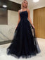 A Line Spaghetti Straps Sweep Train Tulle Prom Dresses With Appliques Lace