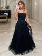 A Line Spaghetti Straps Sweep Train Tulle Prom Dresses With Appliques Lace