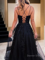 A Line Spaghetti Straps Sweep Train Tulle Prom Dresses With Appliques Lace